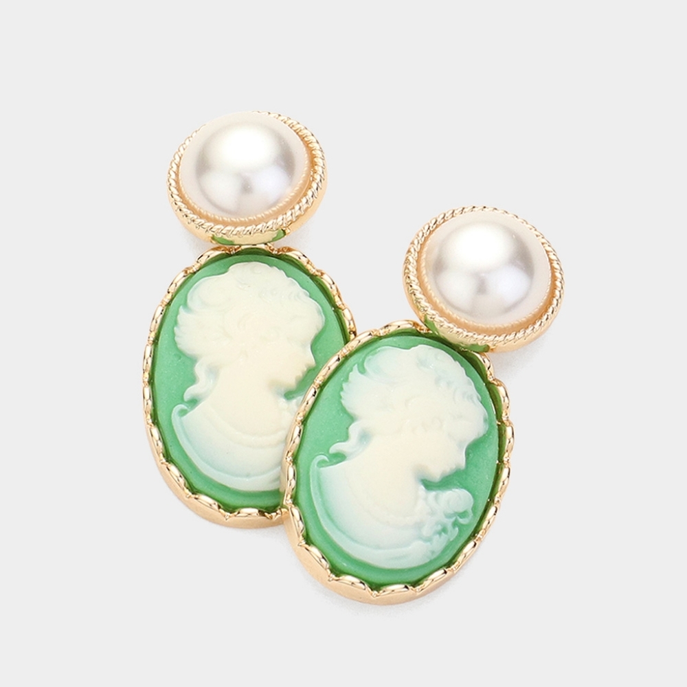Gold Green Pearl Cameo Pendant Dangle Earrings Oval Coin Charm Lady Woman Drop